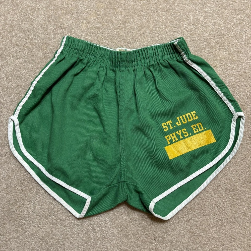 Vtg St Jude Phys Ed Gym Shorts Youth Large (28) Green Track Running PE 70s 80s